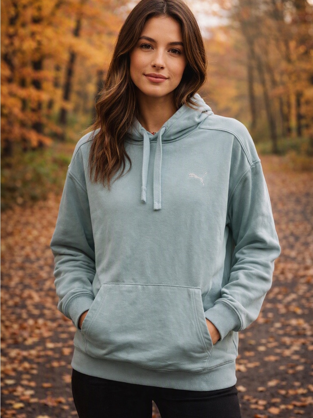 Puma Light Blue Hoodie Soft Cotton Blend, Kangaroo Pocket, Athleisure, Outdoor